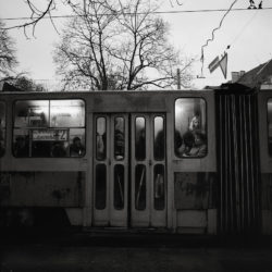 Trolley in the rain in Lviv, Ukraine.